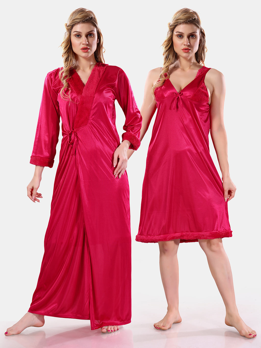 Deep Pink Satin Solid Full Sleeves Nighty with Robe Set for Women