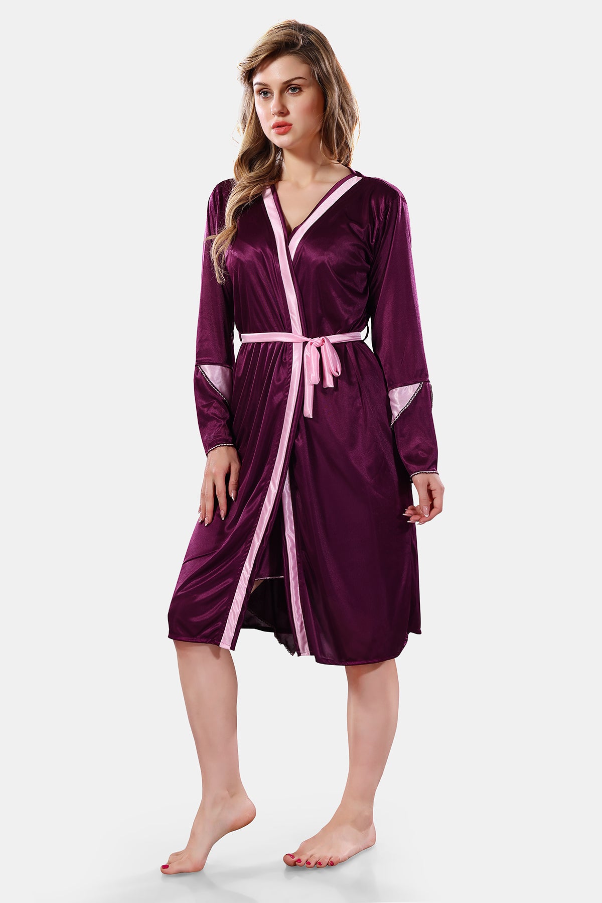 Violet Pink Solid Satin Full Sleeves Nighty & Robe Set for Women