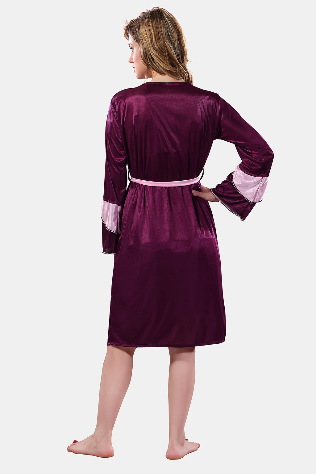 Violet Pink Solid Satin Full Sleeves Nighty & Robe Set for Women