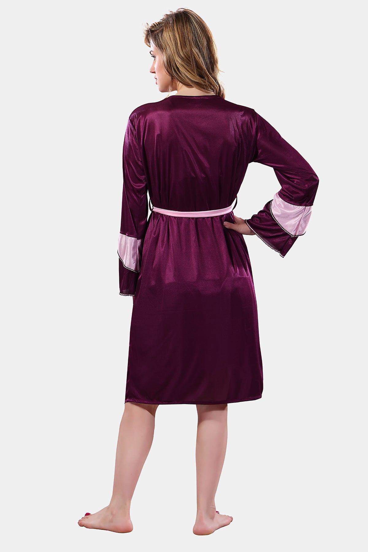Violet Pink Solid Satin Full Sleeves Nighty & Robe Set for Women