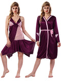 Violet Pink Solid Satin Full Sleeves Nighty & Robe Set for Women
