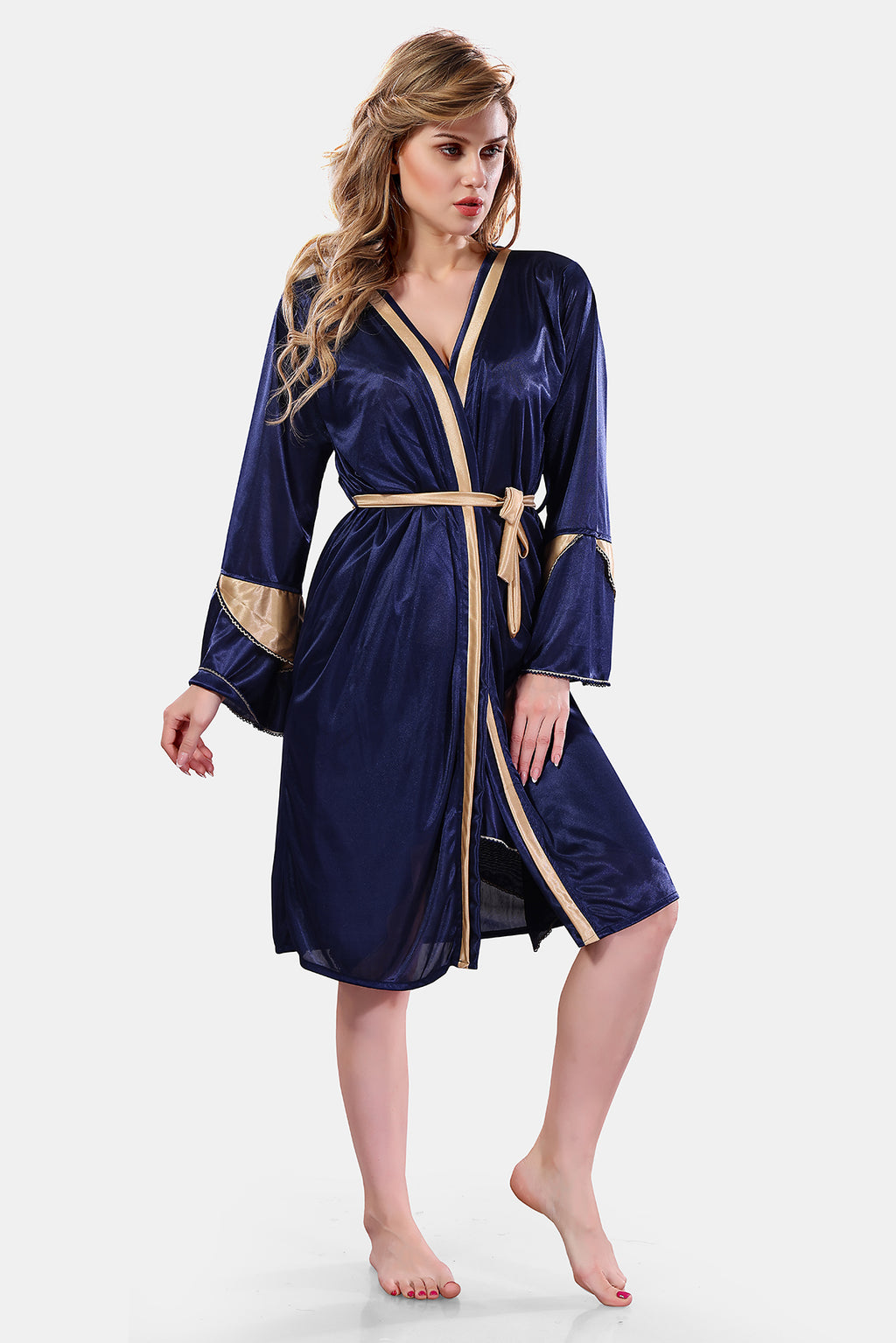 Navy Blue & Beige Solid Satin Full Sleeve Nighty & Robe Set for Women