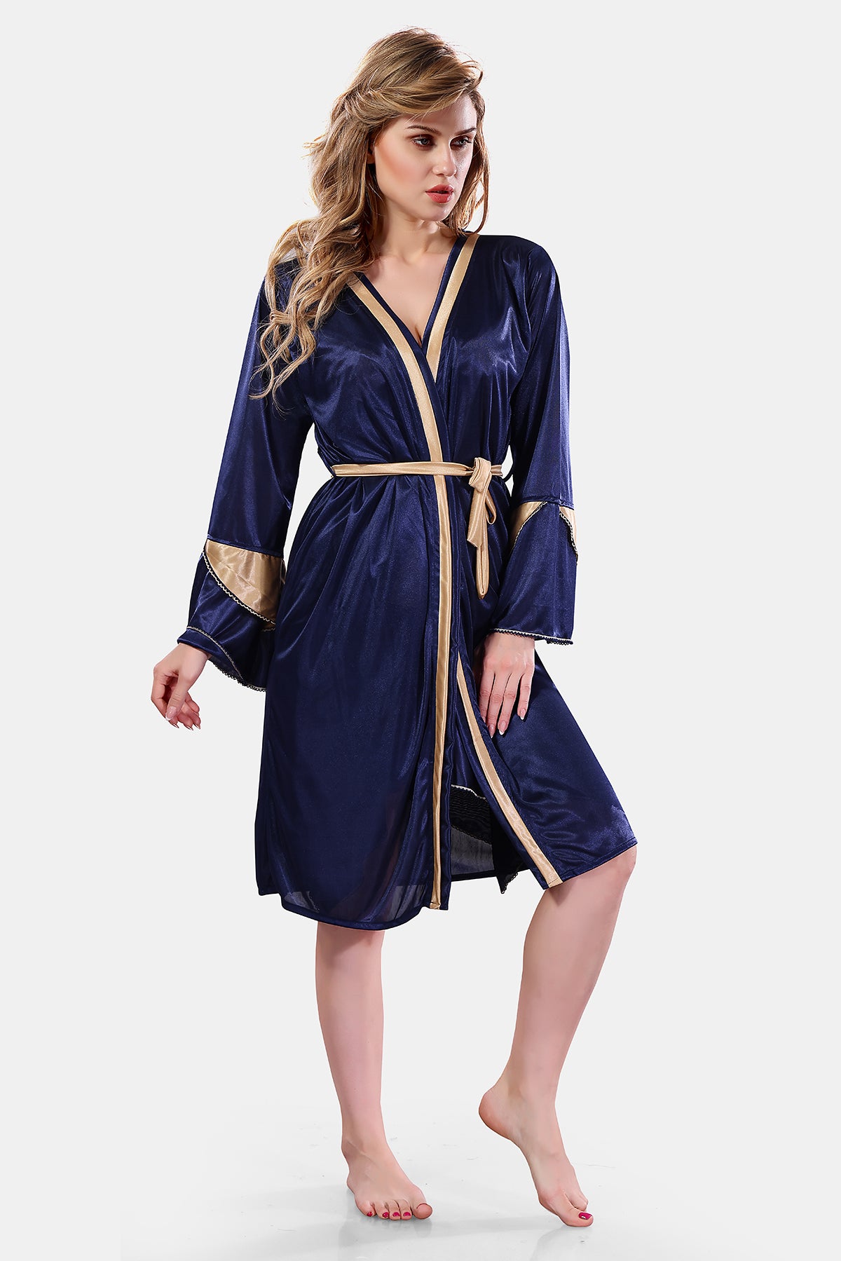 Navy Blue & Beige Solid Satin Full Sleeve Nighty & Robe Set for Women