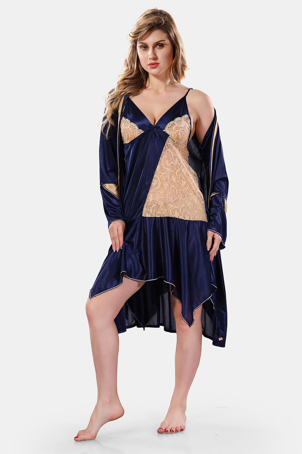 Navy Blue & Beige Solid Satin Full Sleeve Nighty & Robe Set for Women