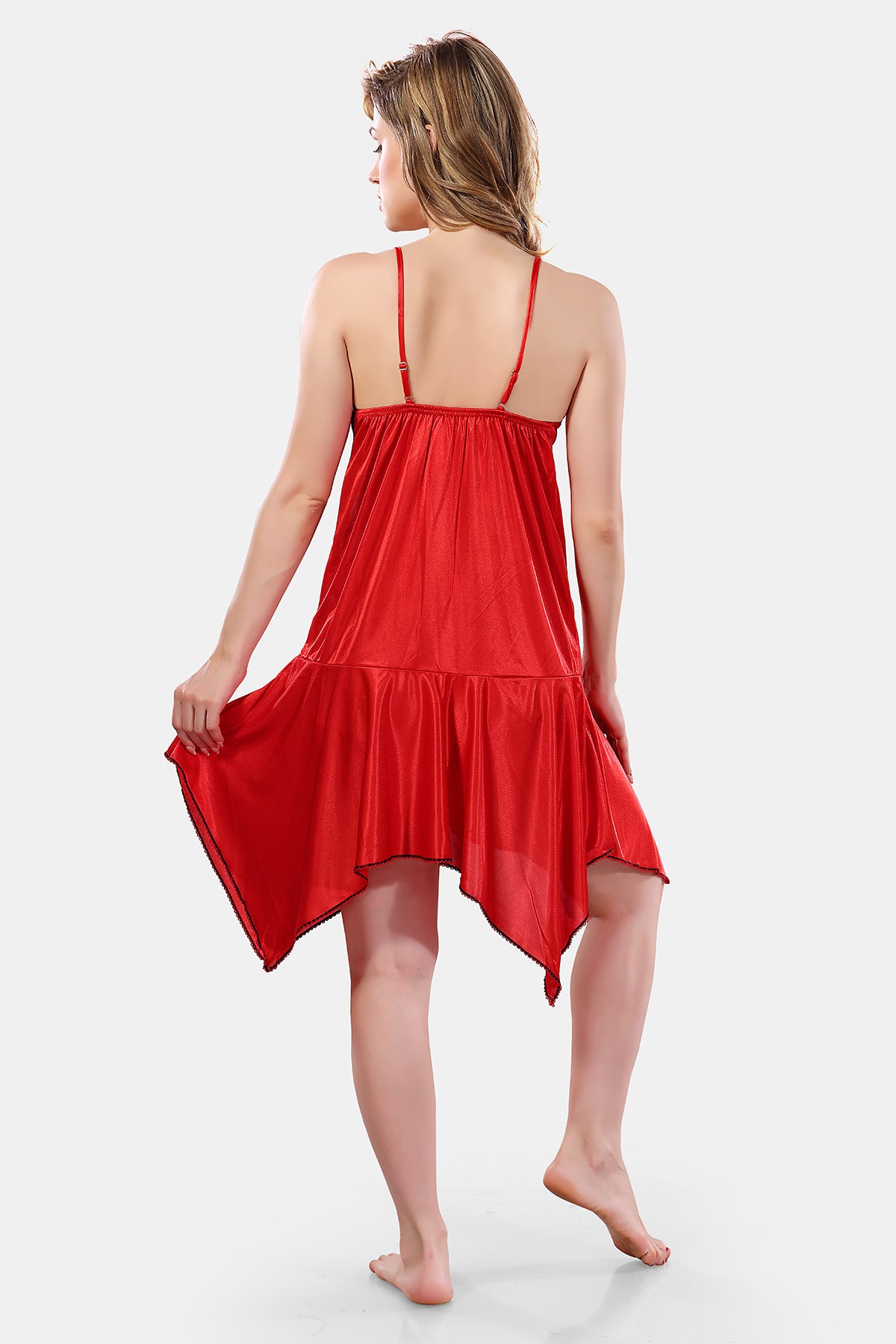 Red Black Solid Satin Full Sleeves Nighty & Robe Set for Women