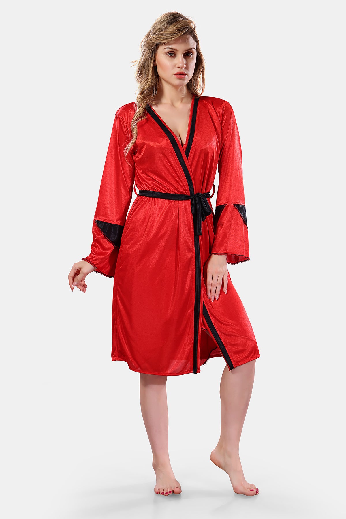 Red Black Solid Satin Full Sleeves Nighty & Robe Set for Women