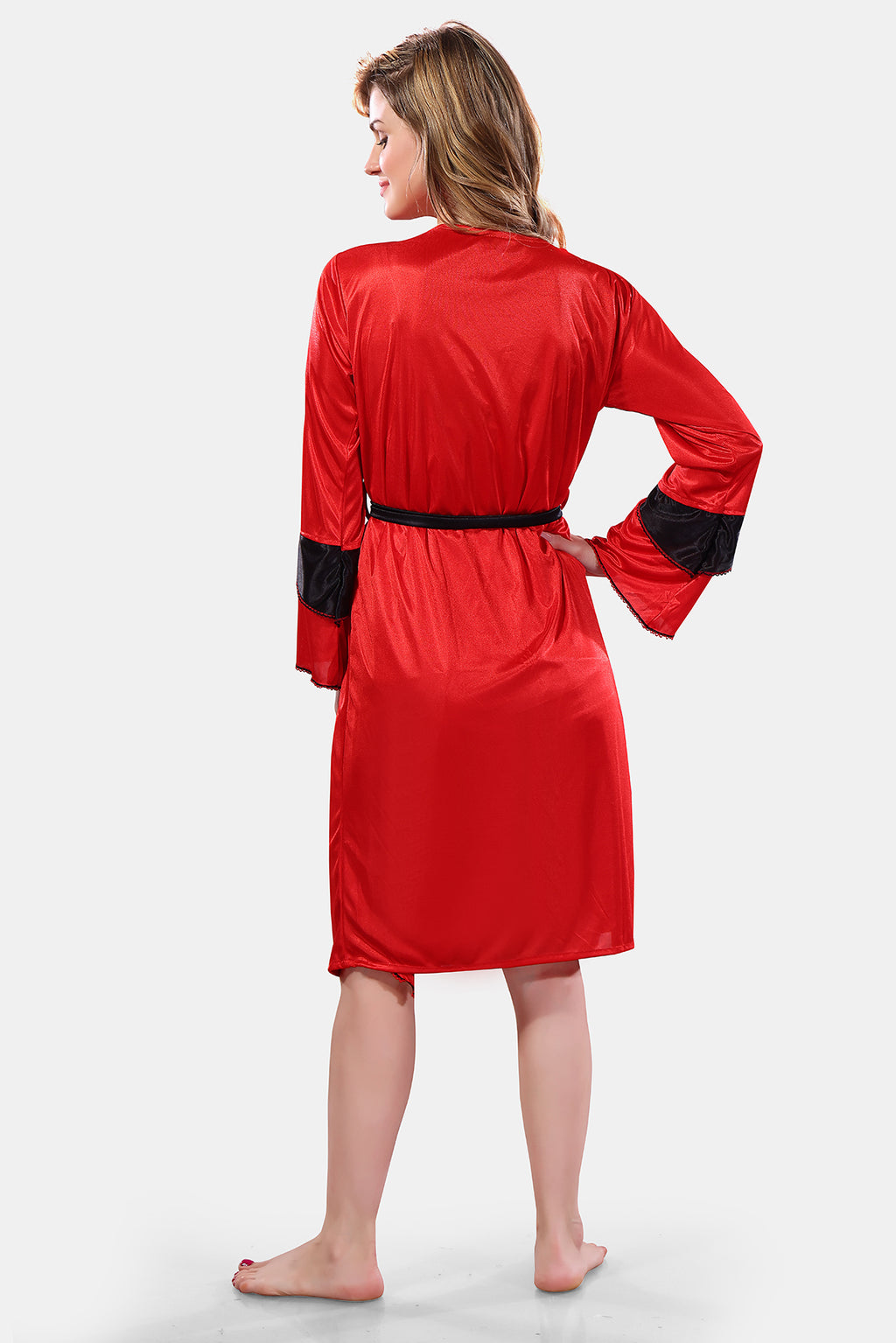 Red Black Solid Satin Full Sleeves Nighty & Robe Set for Women