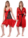 Red Black Solid Satin Full Sleeves Nighty & Robe Set for Women