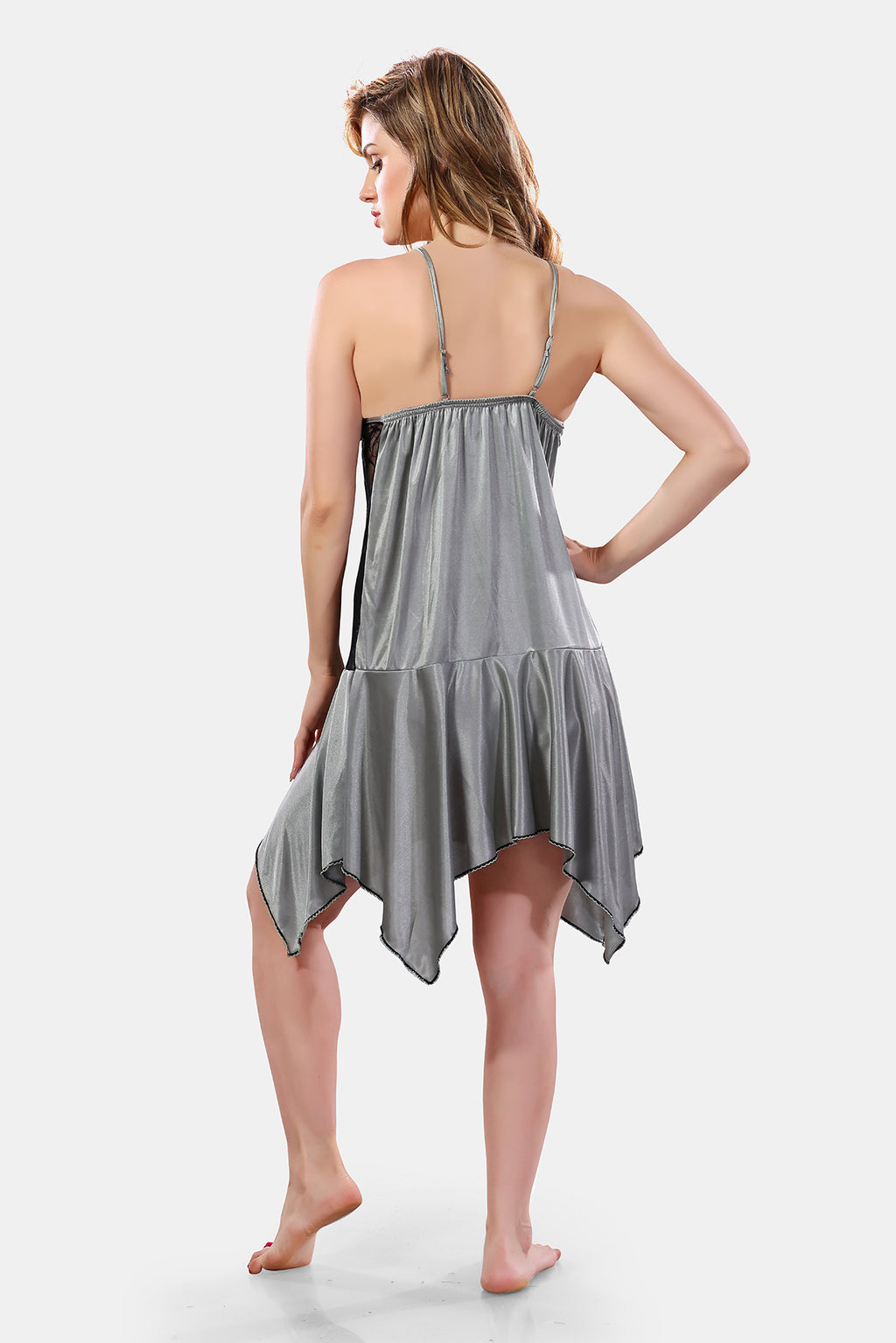 Grey Satin Nighty with Robe Set for Women