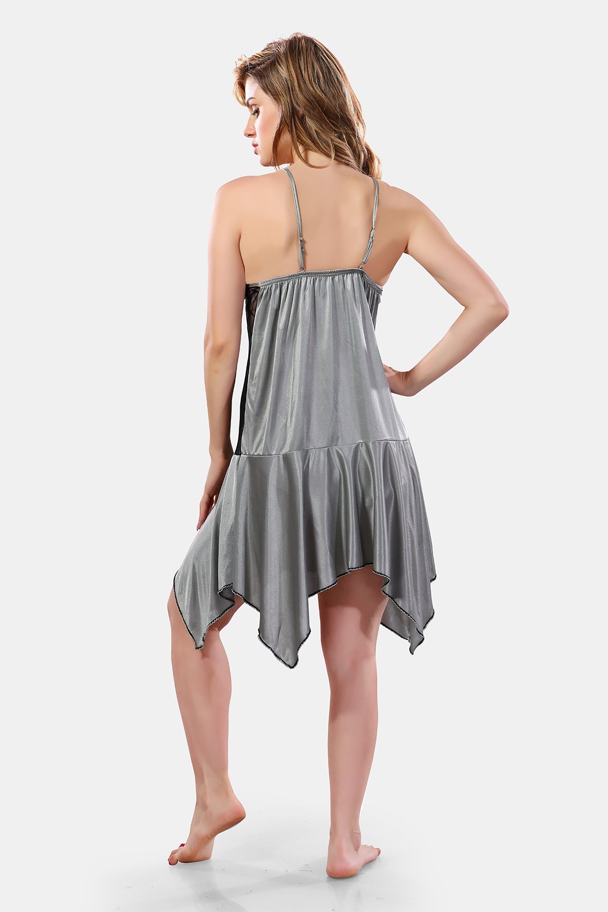Grey Satin Nighty with Robe Set for Women