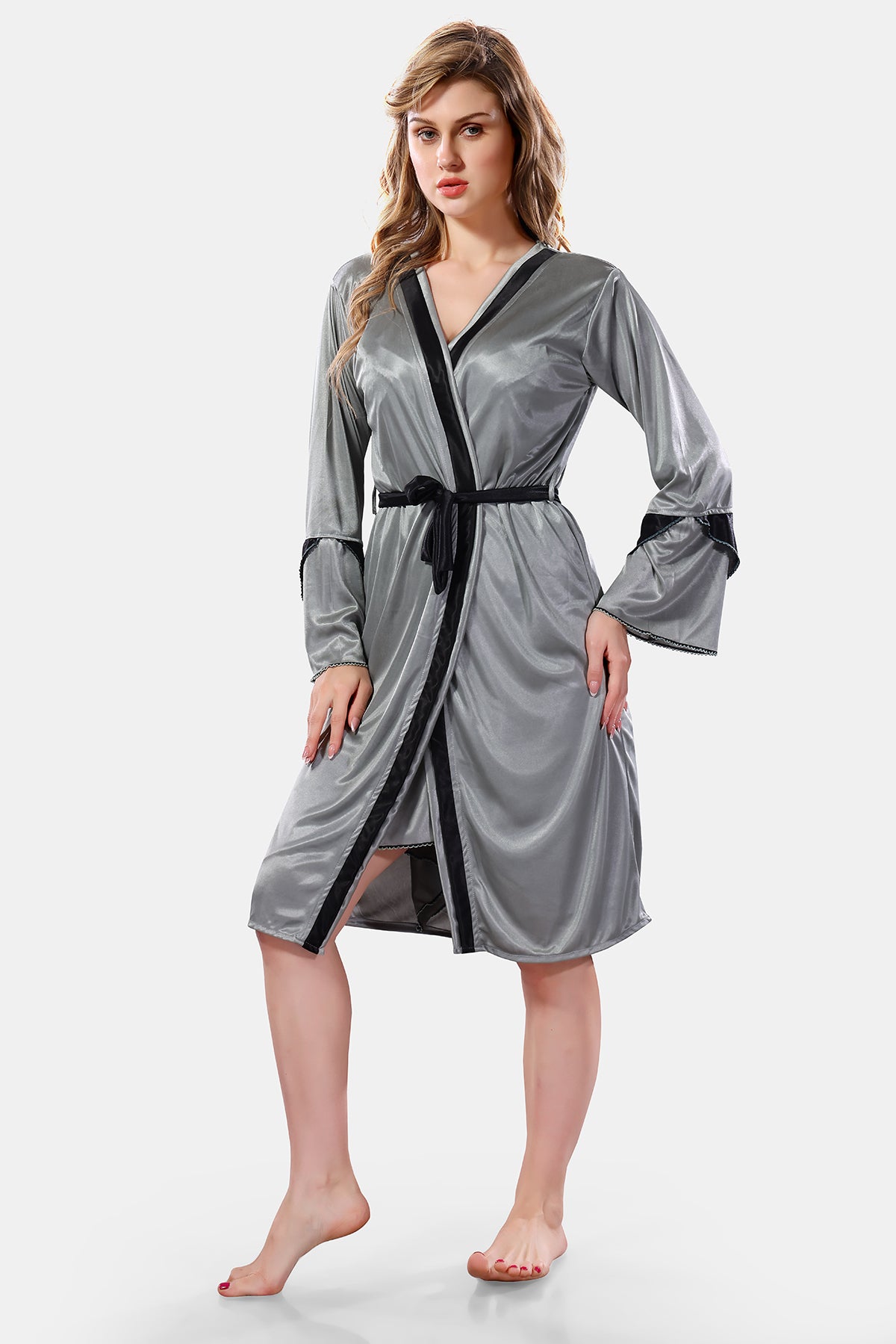 Grey Satin Nighty with Robe Set for Women