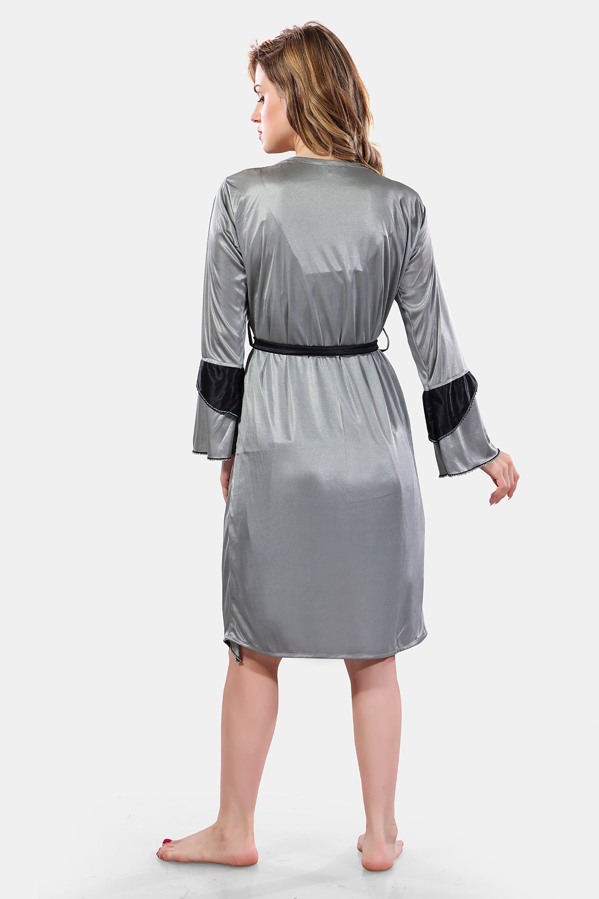 Grey Satin Nighty with Robe Set for Women