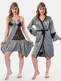 Grey Satin Nighty with Robe Set for Women