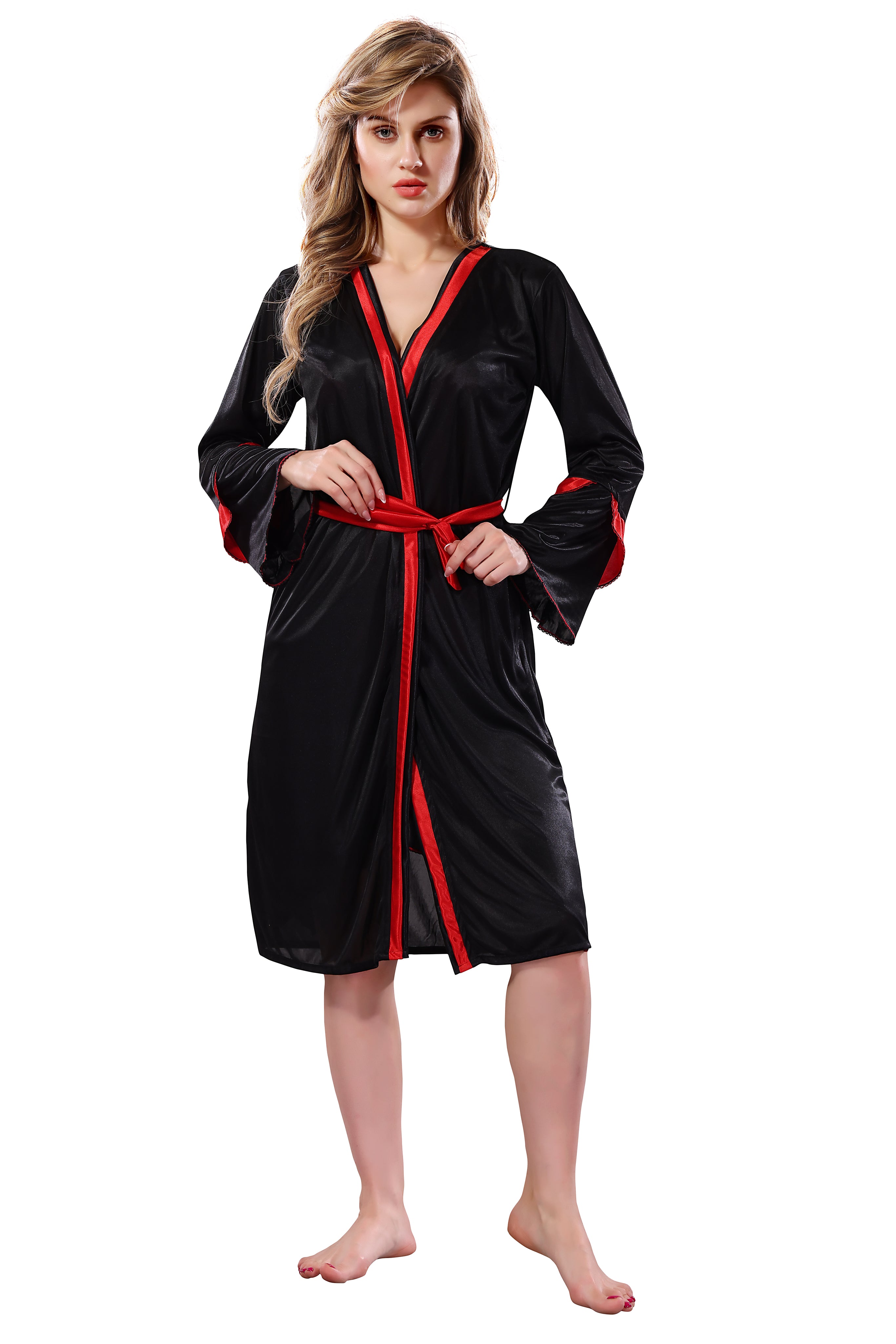 Black Red Solid Satin Full Sleeves Nighty & Robe Set for Women