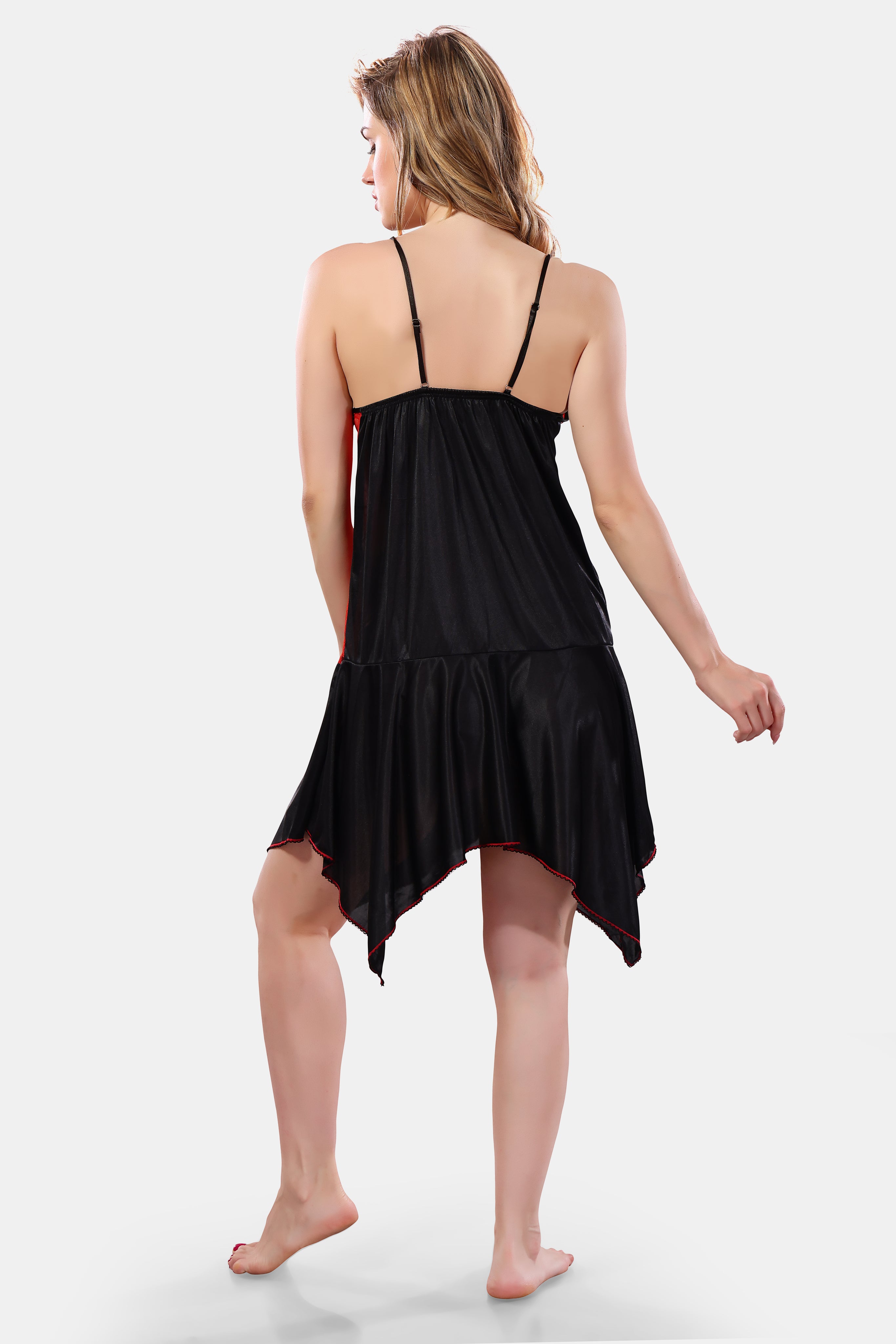 Black Red Solid Satin Full Sleeves Nighty & Robe Set for Women