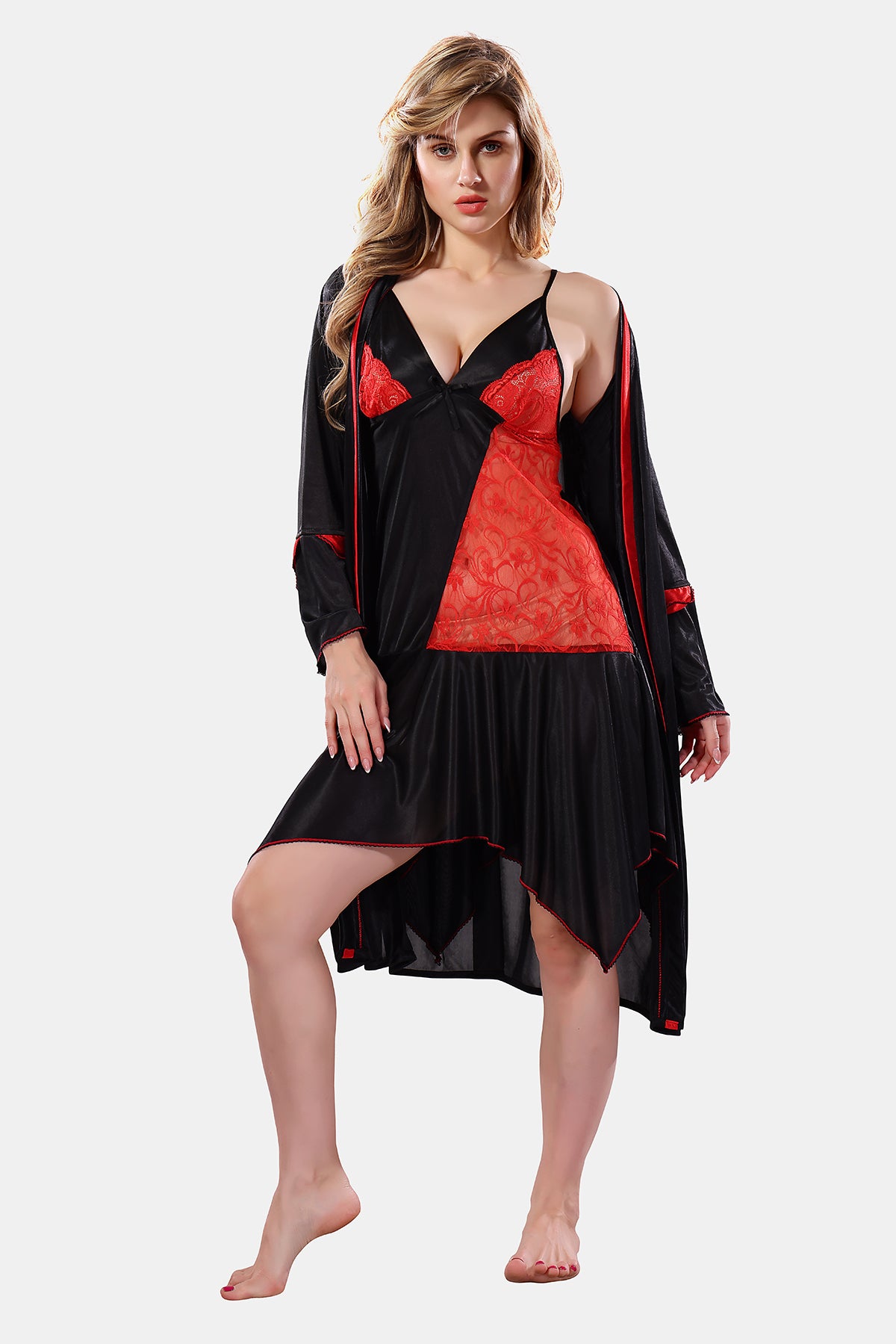 Black Red Solid Satin Full Sleeves Nighty & Robe Set for Women