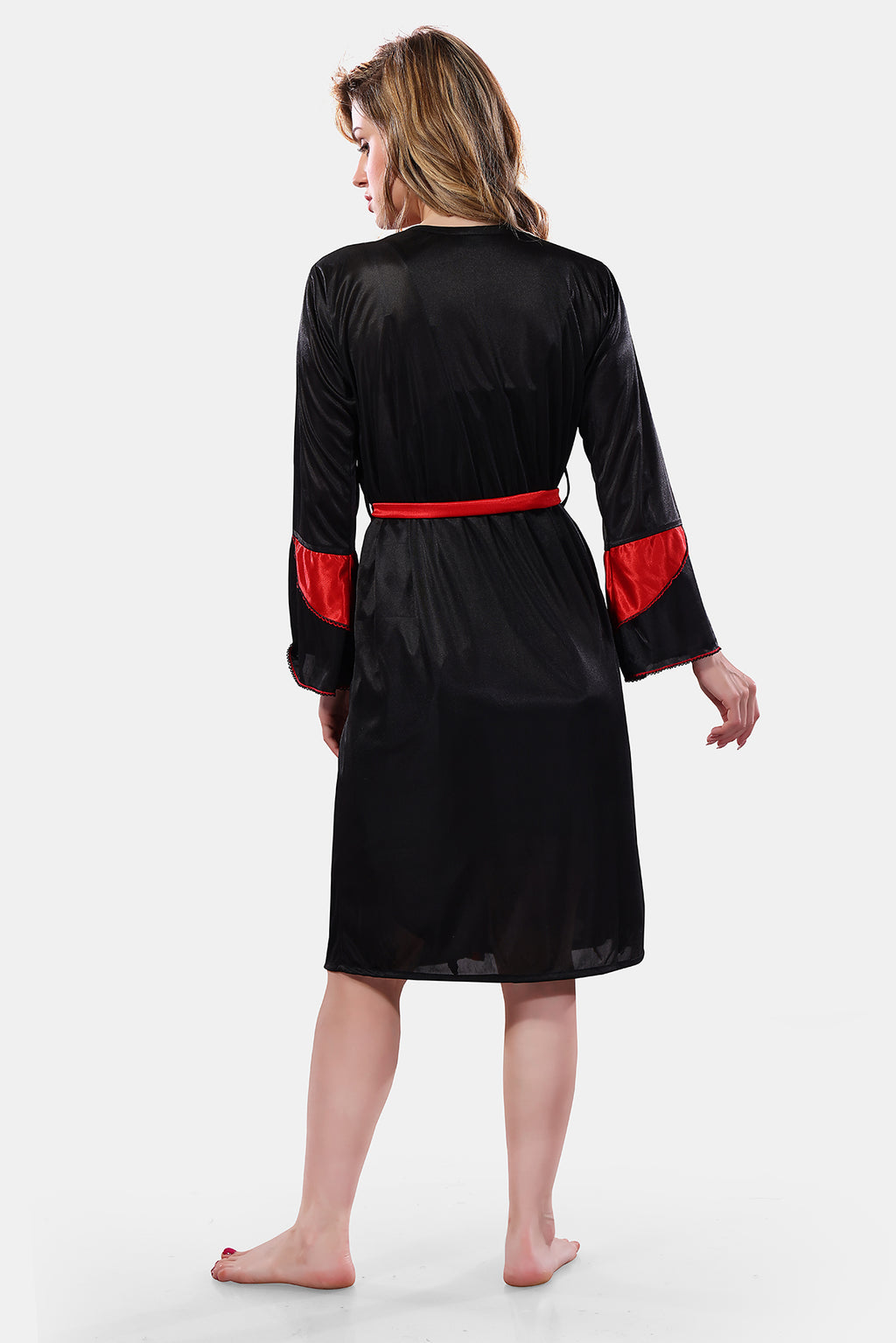 Black Red Solid Satin Full Sleeves Nighty & Robe Set for Women