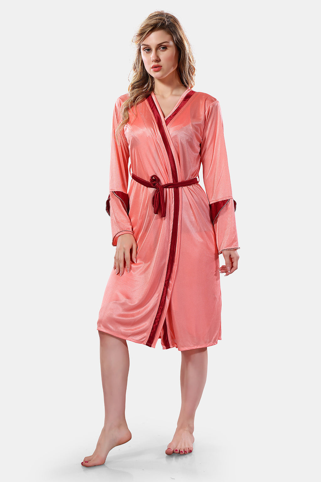 Peach Red Solid Satin Full Sleeves Nighty & Robe Set for Women