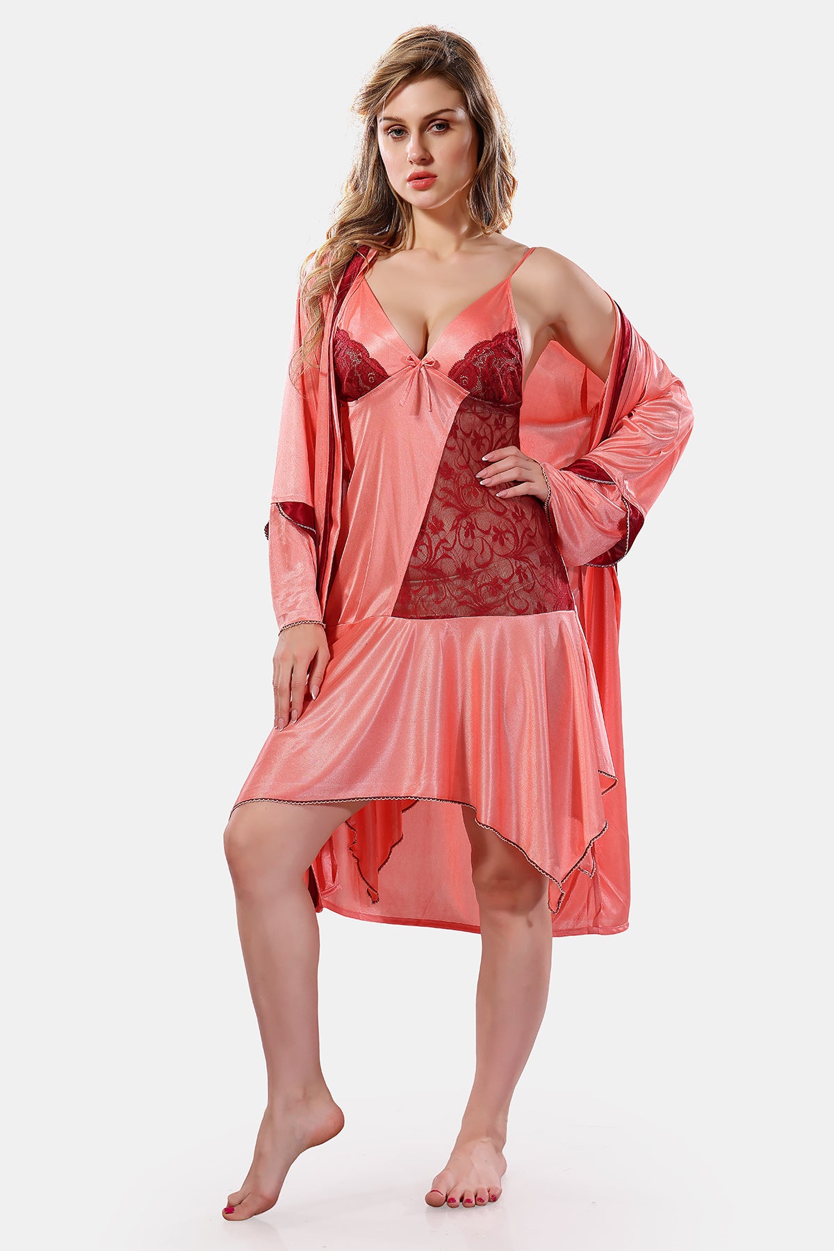 Peach Red Solid Satin Full Sleeves Nighty & Robe Set for Women