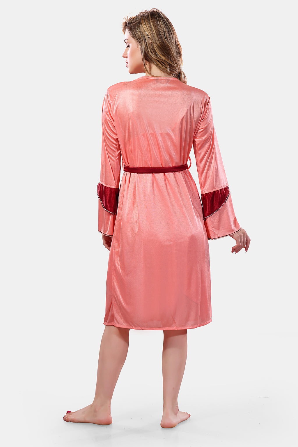 Peach Red Solid Satin Full Sleeves Nighty & Robe Set for Women