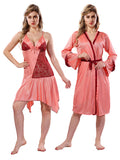Peach Red Solid Satin Full Sleeves Nighty & Robe Set for Women