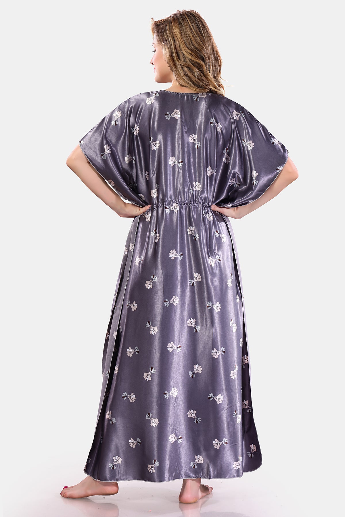 Grey Printed Satin Kaftan Nighty for Women