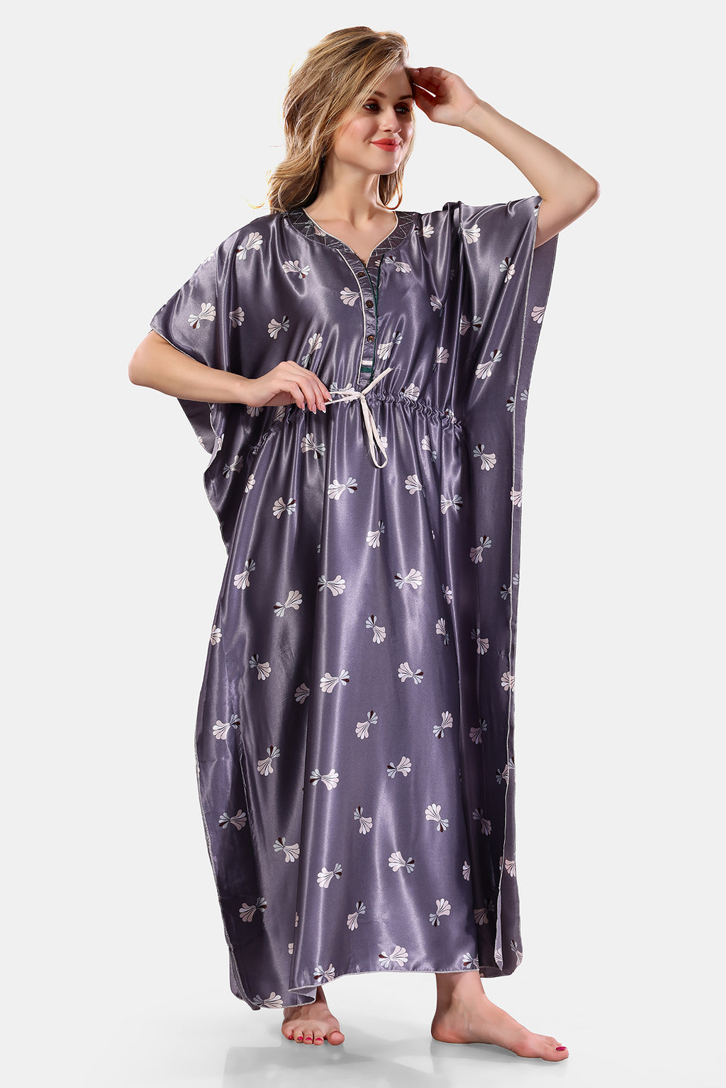Grey Printed Satin Kaftan Nighty for Women