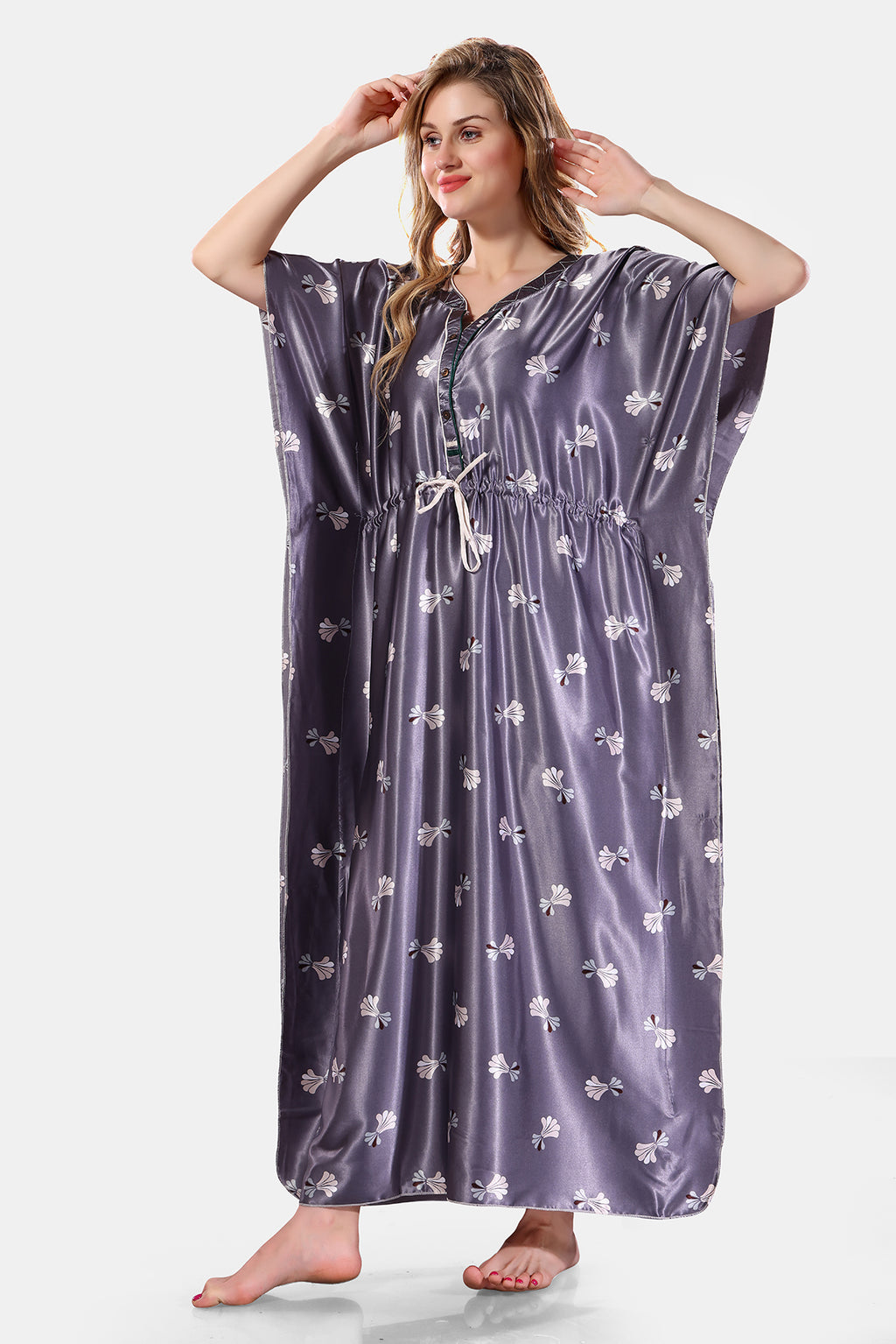 Grey Printed Satin Kaftan Nighty for Women