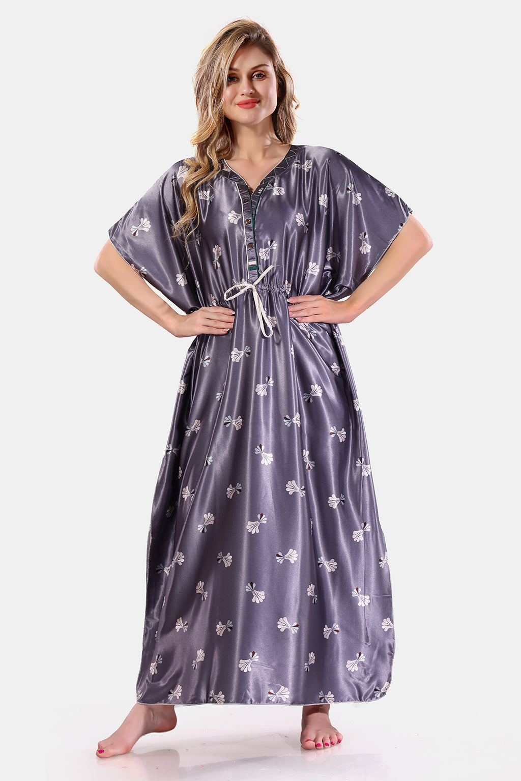 Grey Printed Satin Kaftan Nighty for Women