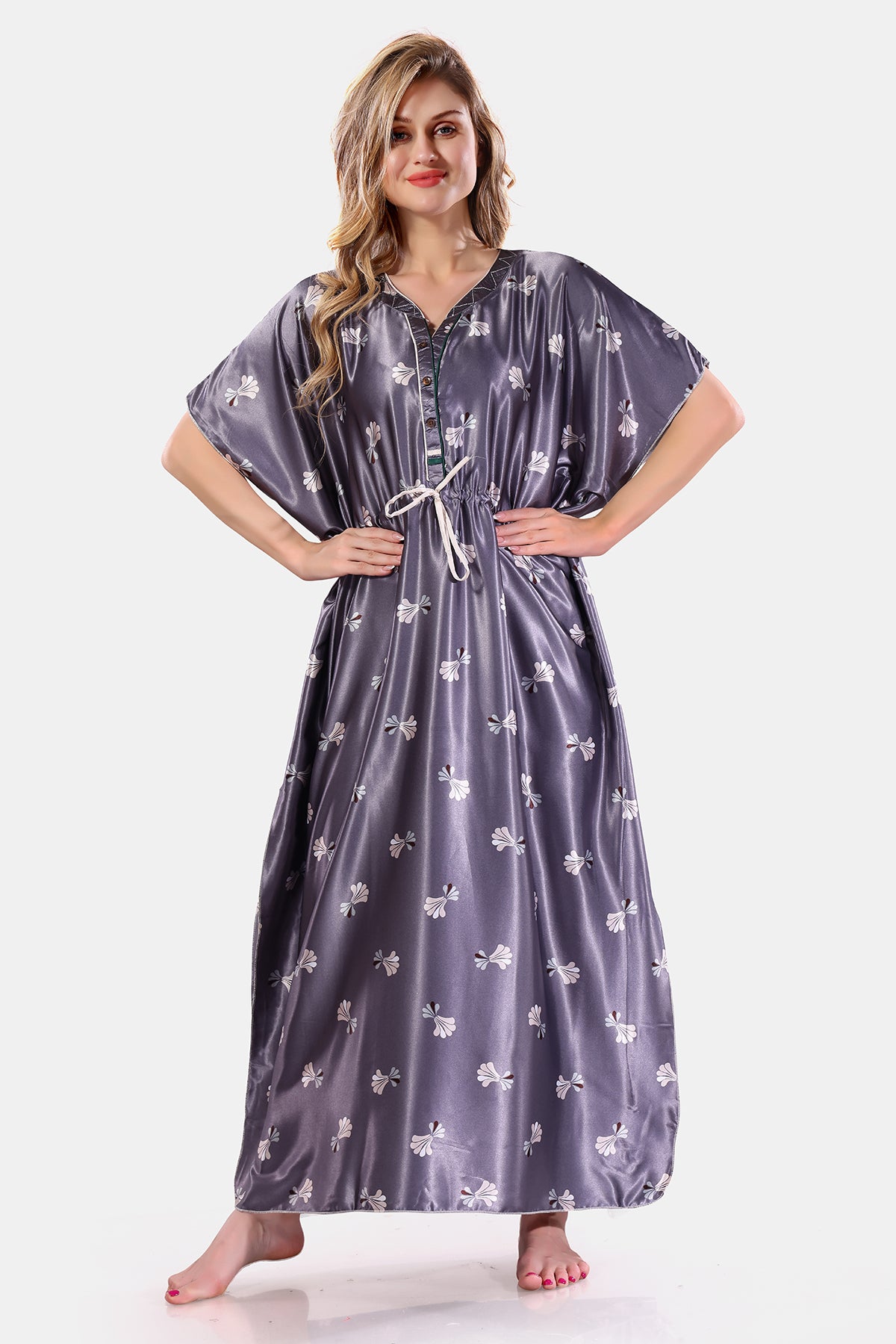 Grey Printed Satin Kaftan Nighty for Women