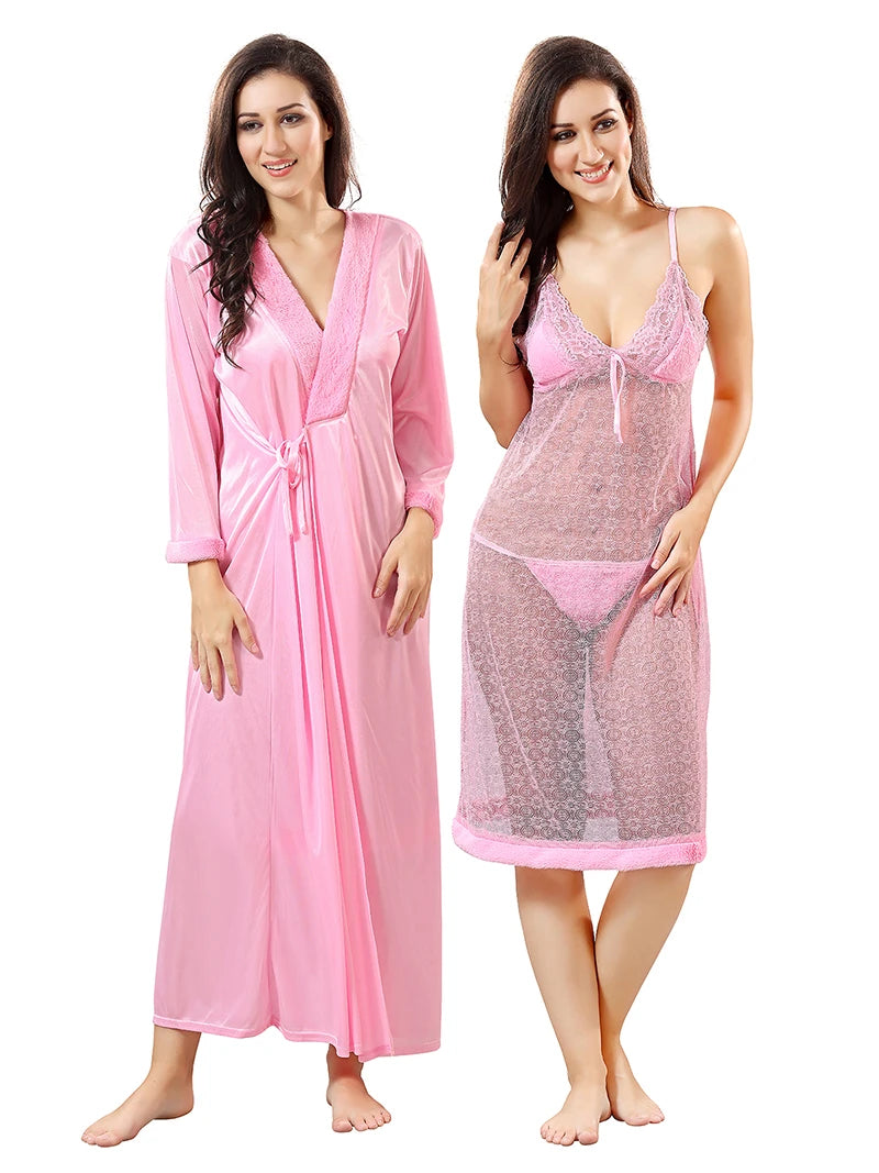 Women pink satin nightwear set front view
