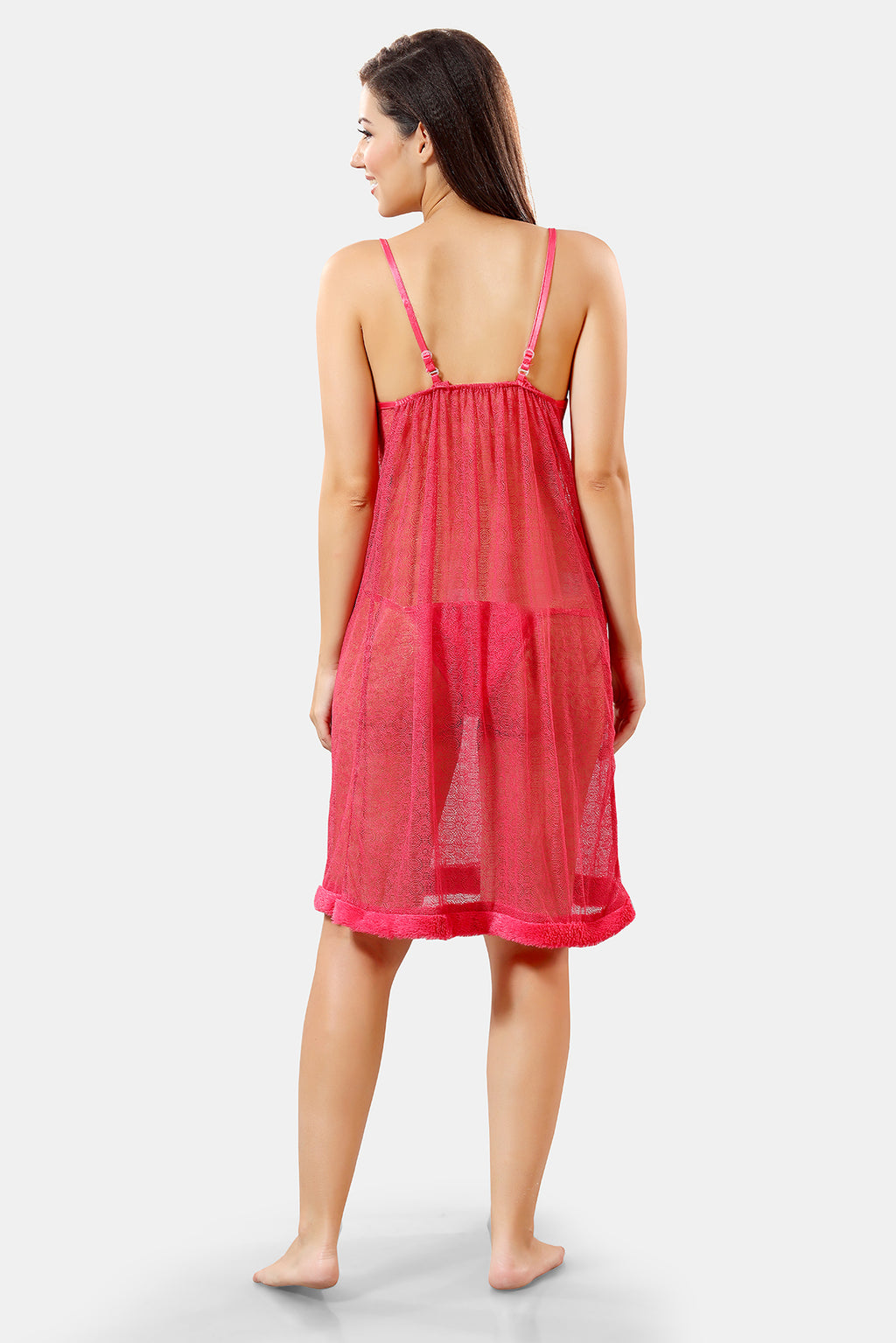 Peach Satin Solid Short Net Nighty with Robe Set for Women