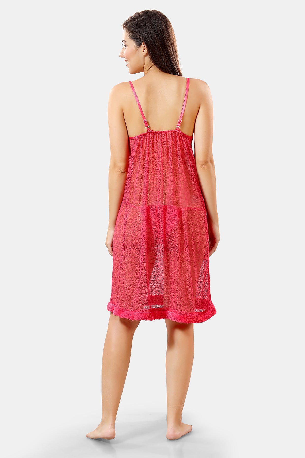 Peach Satin Solid Short Net Nighty with Robe Set for Women