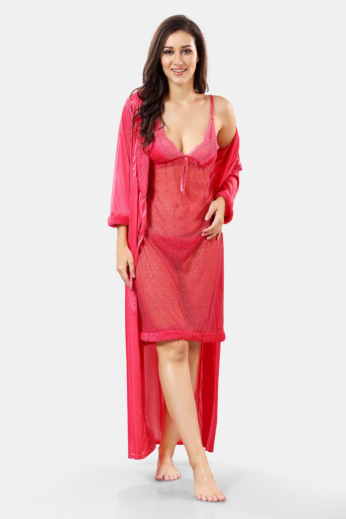 Peach Satin Solid Short Net Nighty with Robe Set for Women