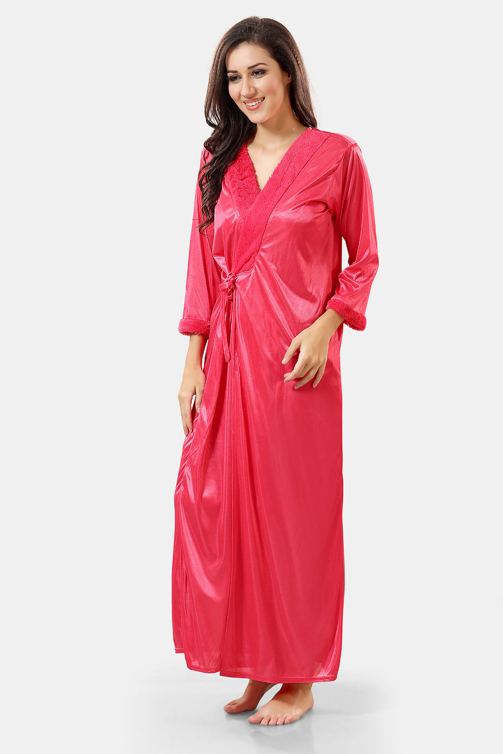 Peach Satin Solid Short Net Nighty with Robe Set for Women