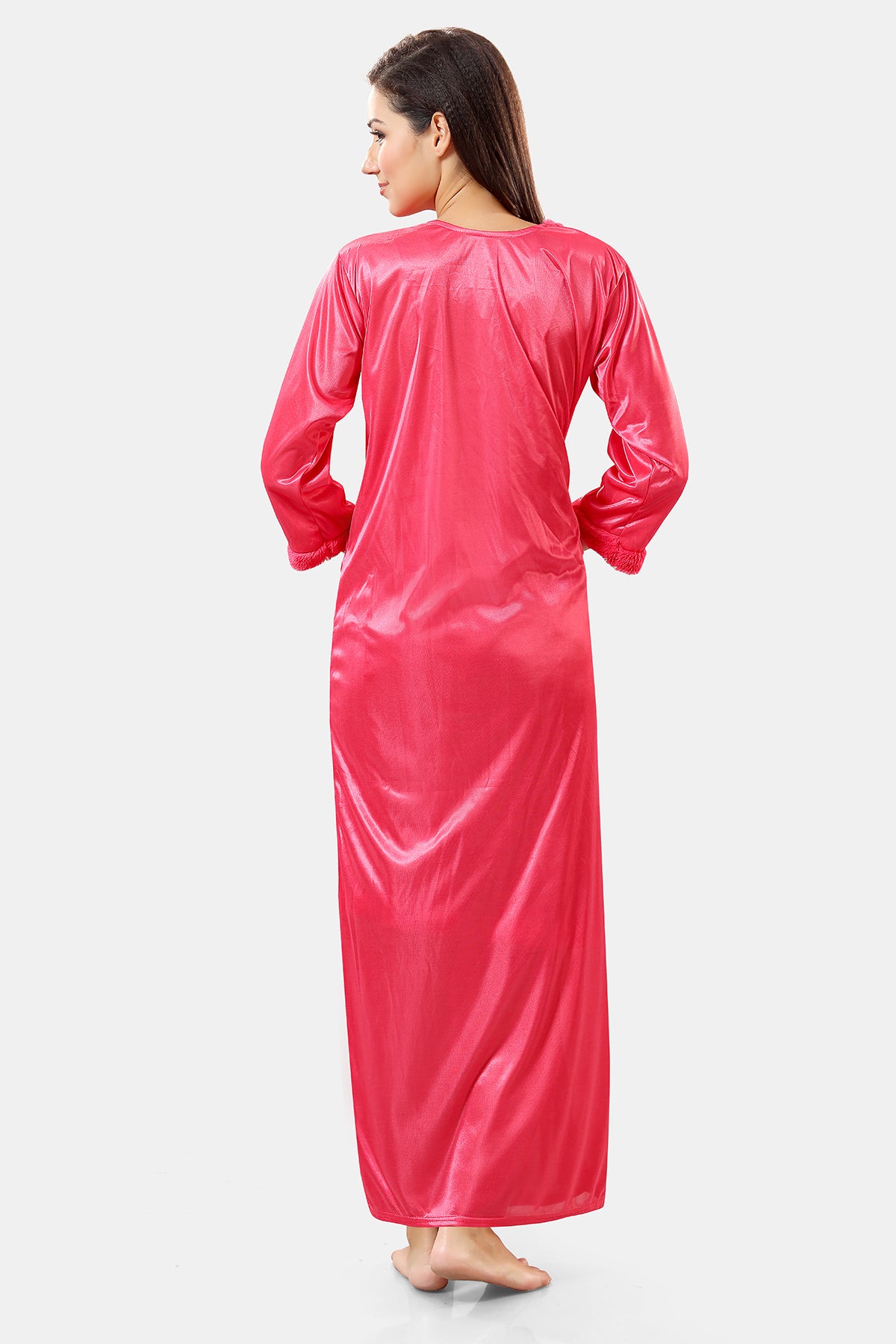 Peach Satin Solid Short Net Nighty with Robe Set for Women