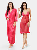 Peach Satin Solid Short Net Nighty with Robe Set for Women