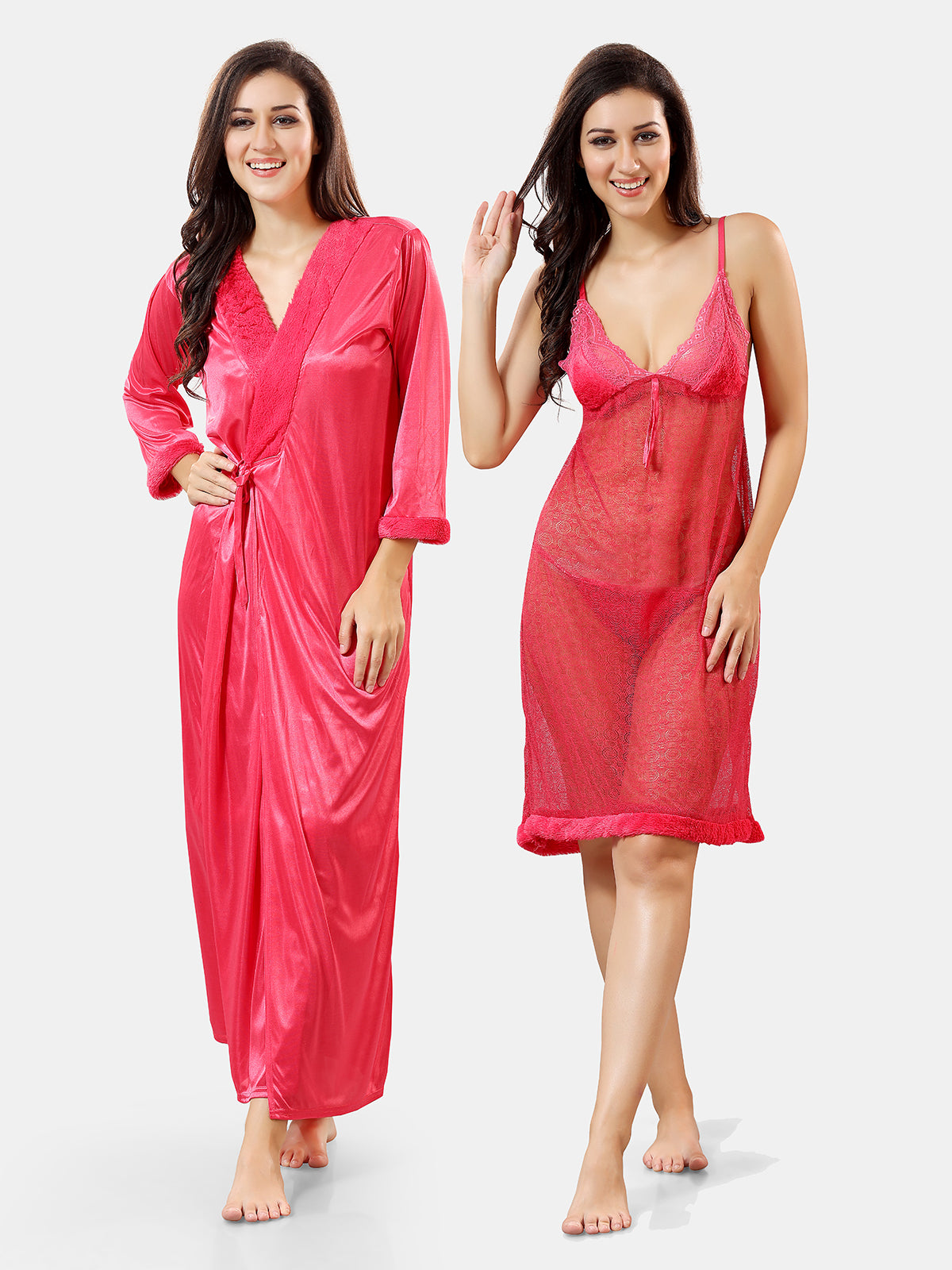 Peach Satin Solid Short Net Nighty with Robe Set for Women