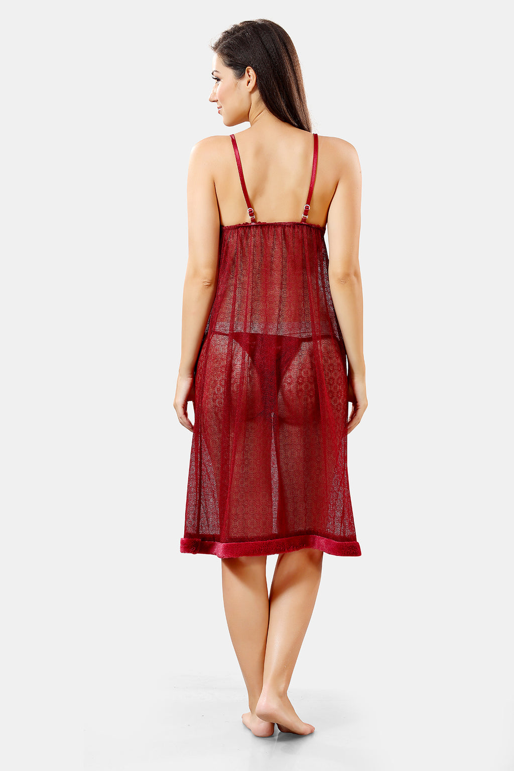 Maroon Solid Satin Short Net Nighty & Robe Set for Women