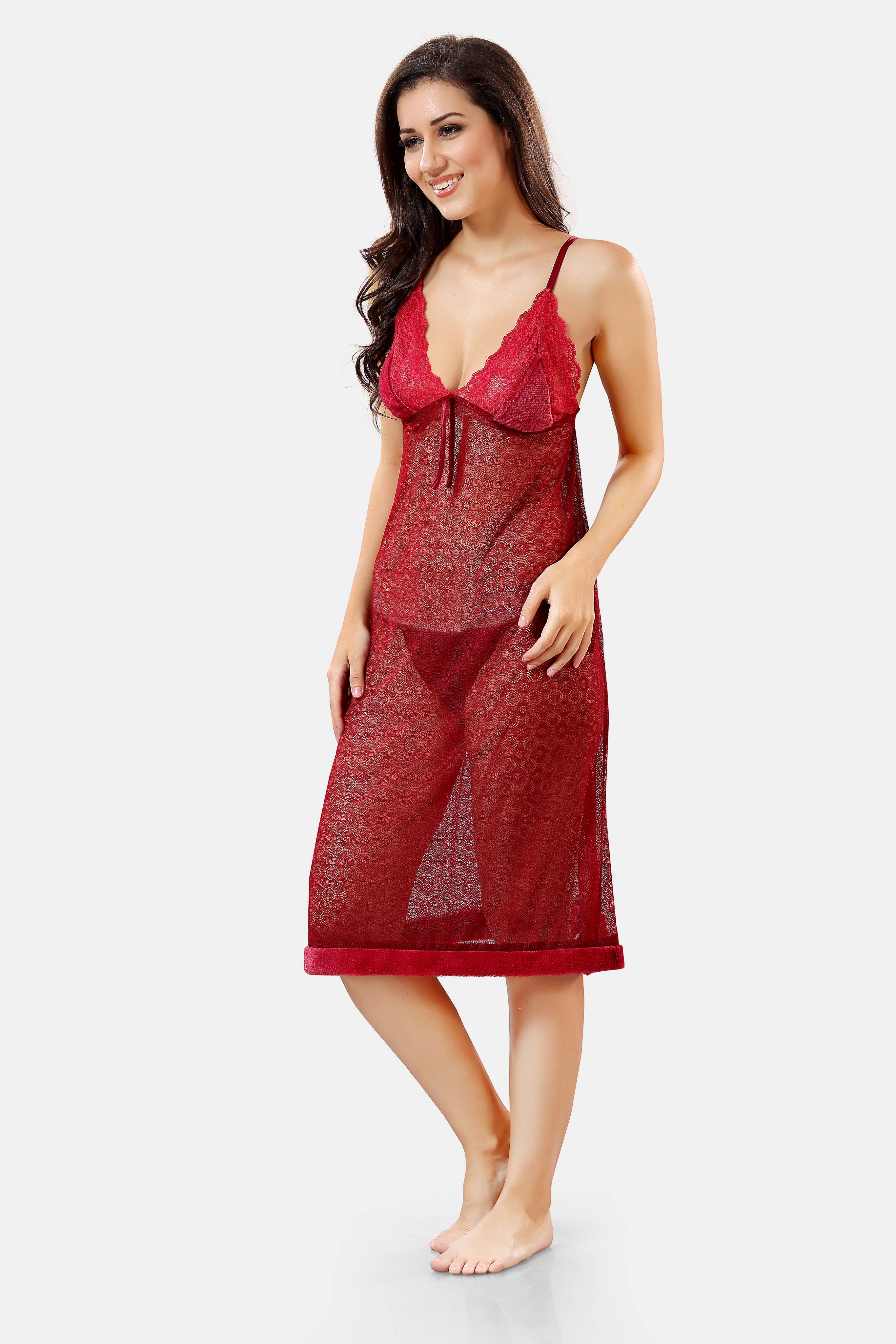 Maroon Solid Satin Short Net Nighty & Robe Set for Women