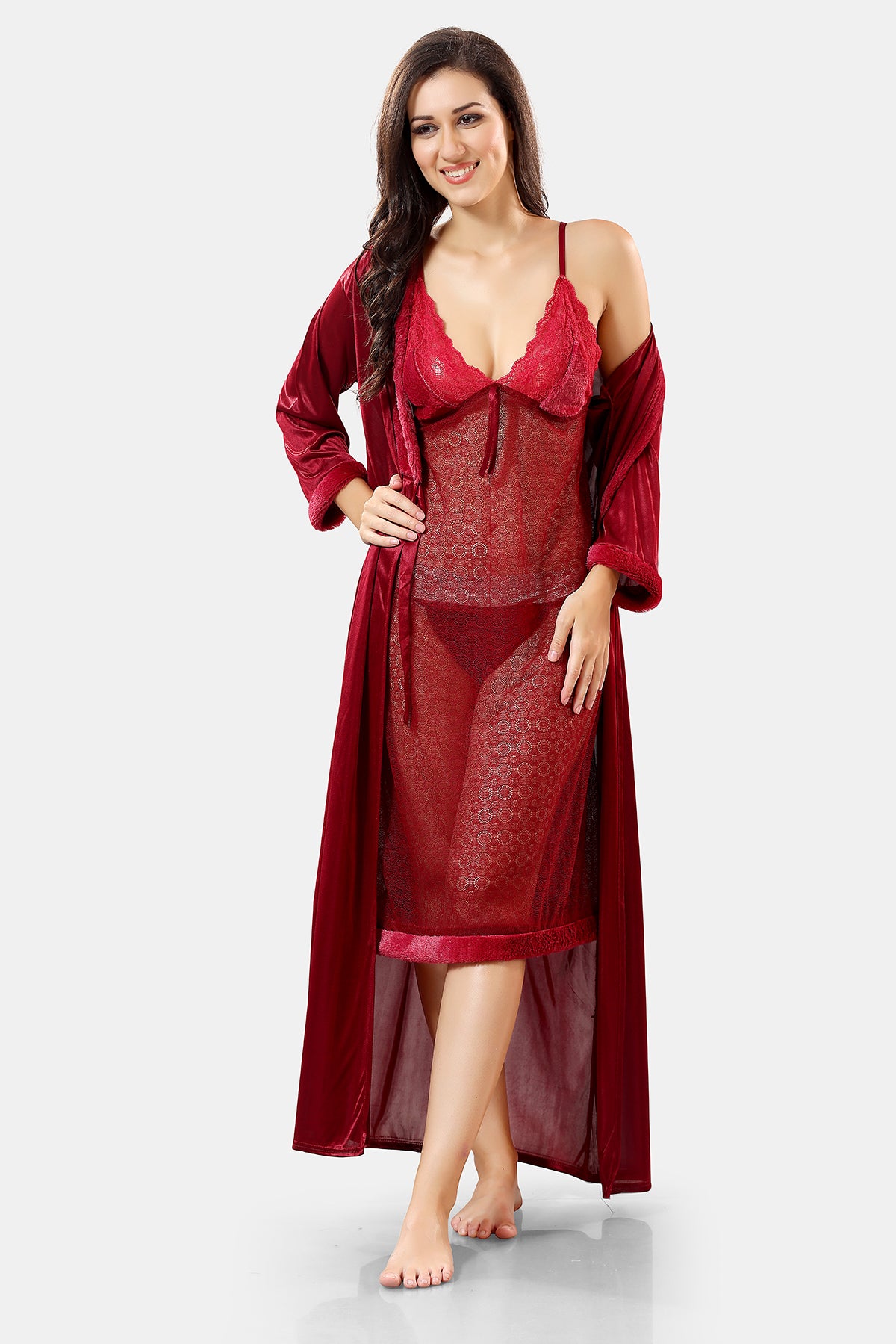 Maroon Solid Satin Short Net Nighty & Robe Set for Women