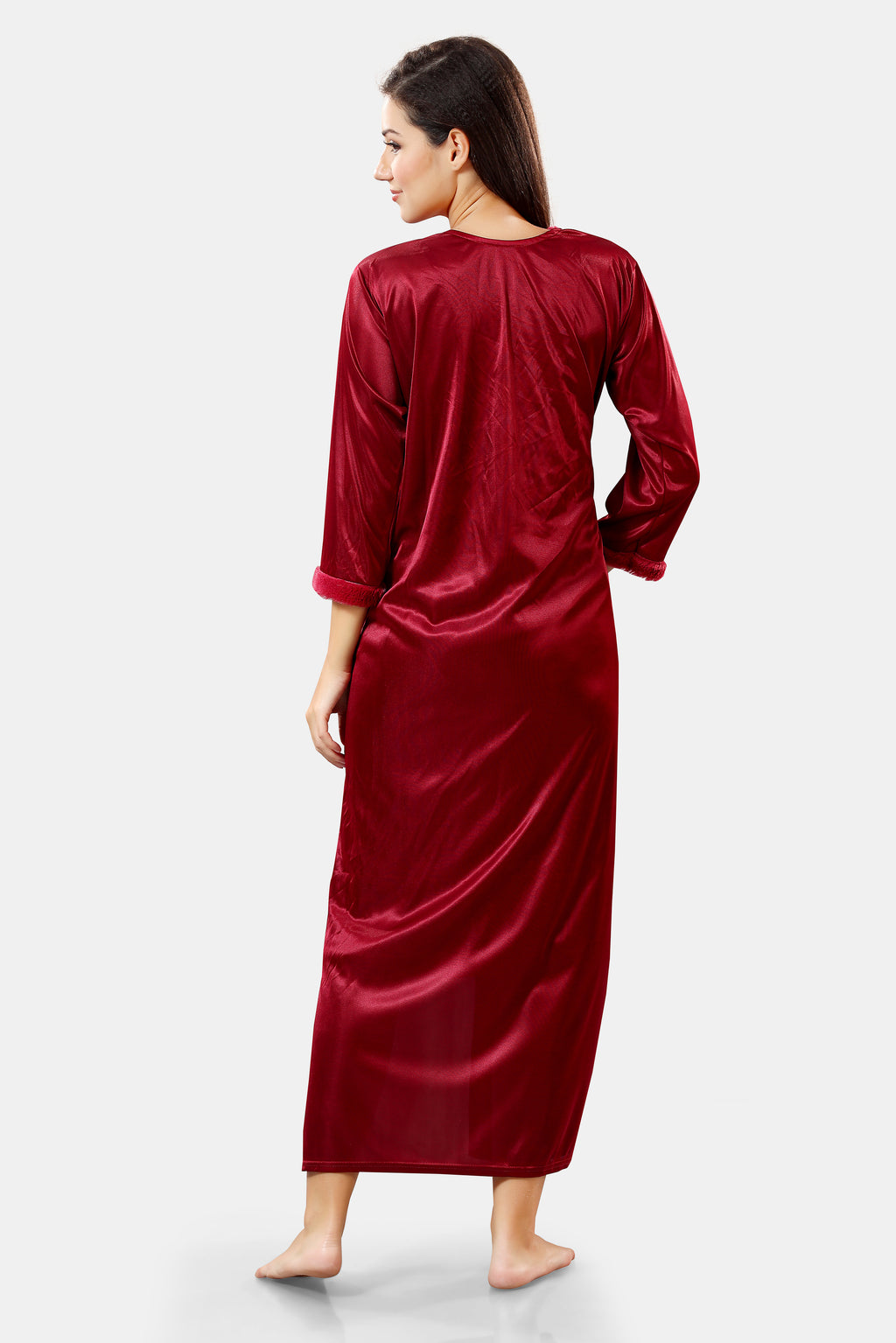 Maroon Solid Satin Short Net Nighty & Robe Set for Women