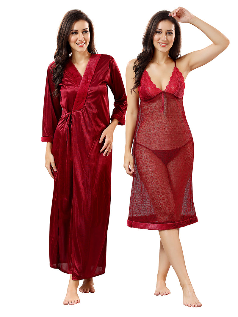Maroon Solid Satin Short Net Nighty & Robe Set for Women
