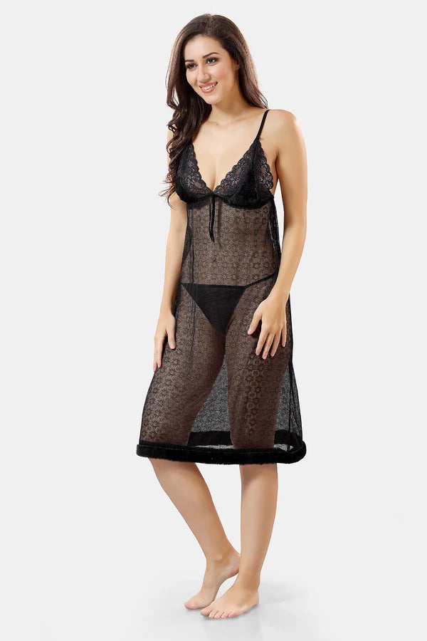 Short satin net nighty for women