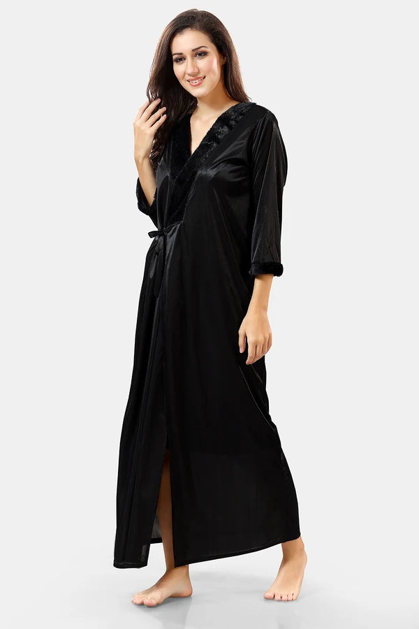 Solid black satin nighty robe set