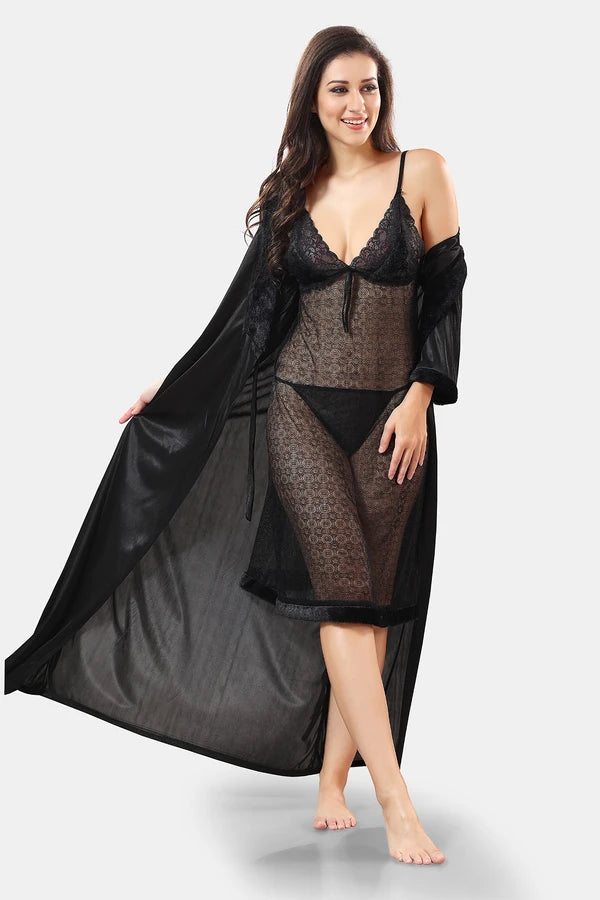Women black satin nighty set
