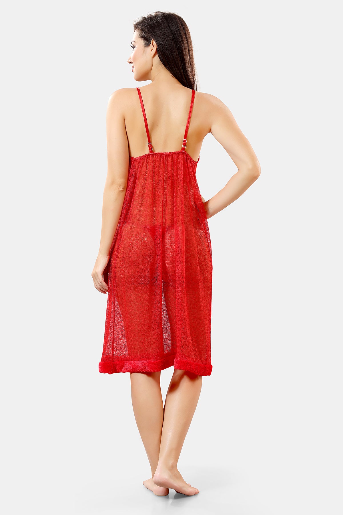 Red Solid Satin Short Net Nighty & Robe Set for Women