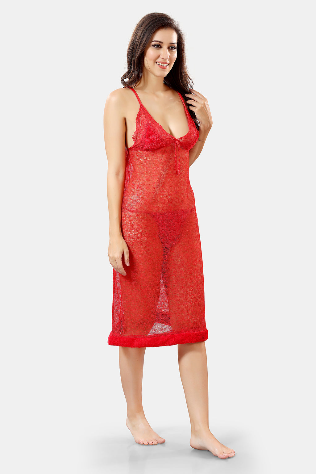 Red Solid Satin Short Net Nighty & Robe Set for Women