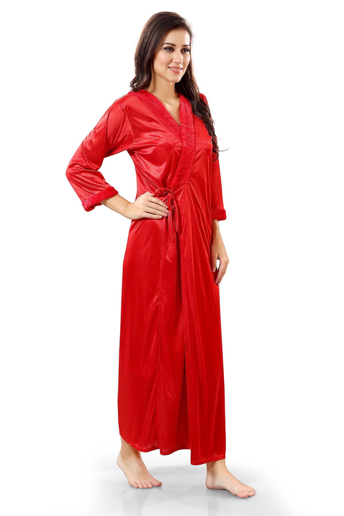 Red Solid Satin Short Net Nighty & Robe Set for Women