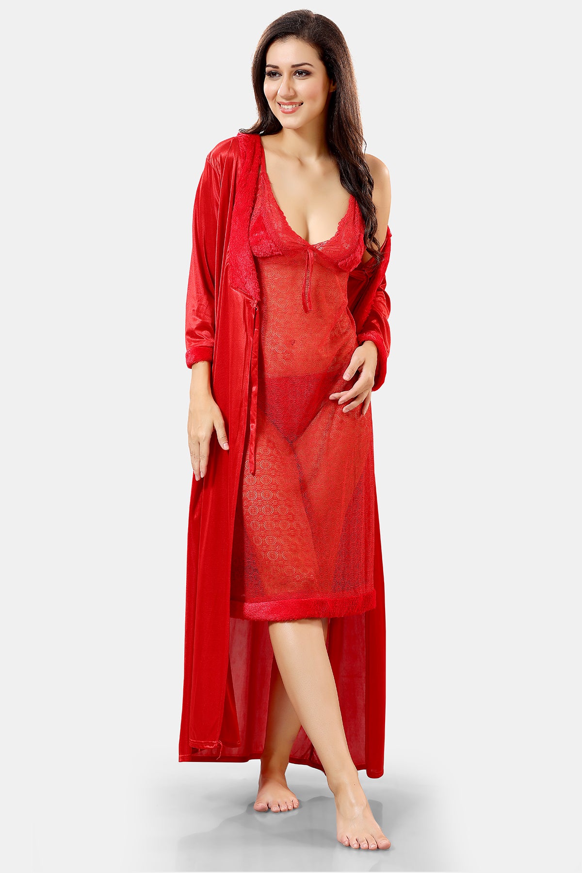 Red Solid Satin Short Net Nighty & Robe Set for Women